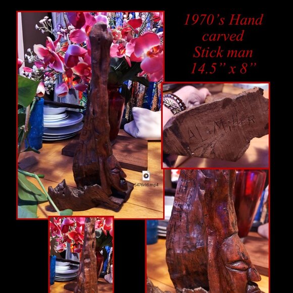 Unique 1970's Hand carved stick man. Ships Free - Picture 1 of 4
